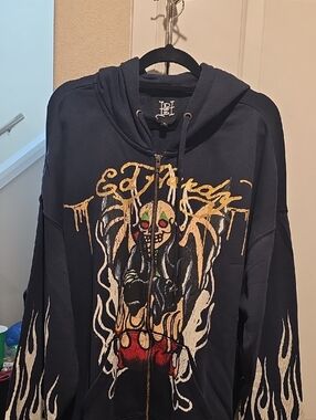 Ed Hardy Black Hoodie Jacket with Graphic Skull & Flame Design Zip Up hoodie